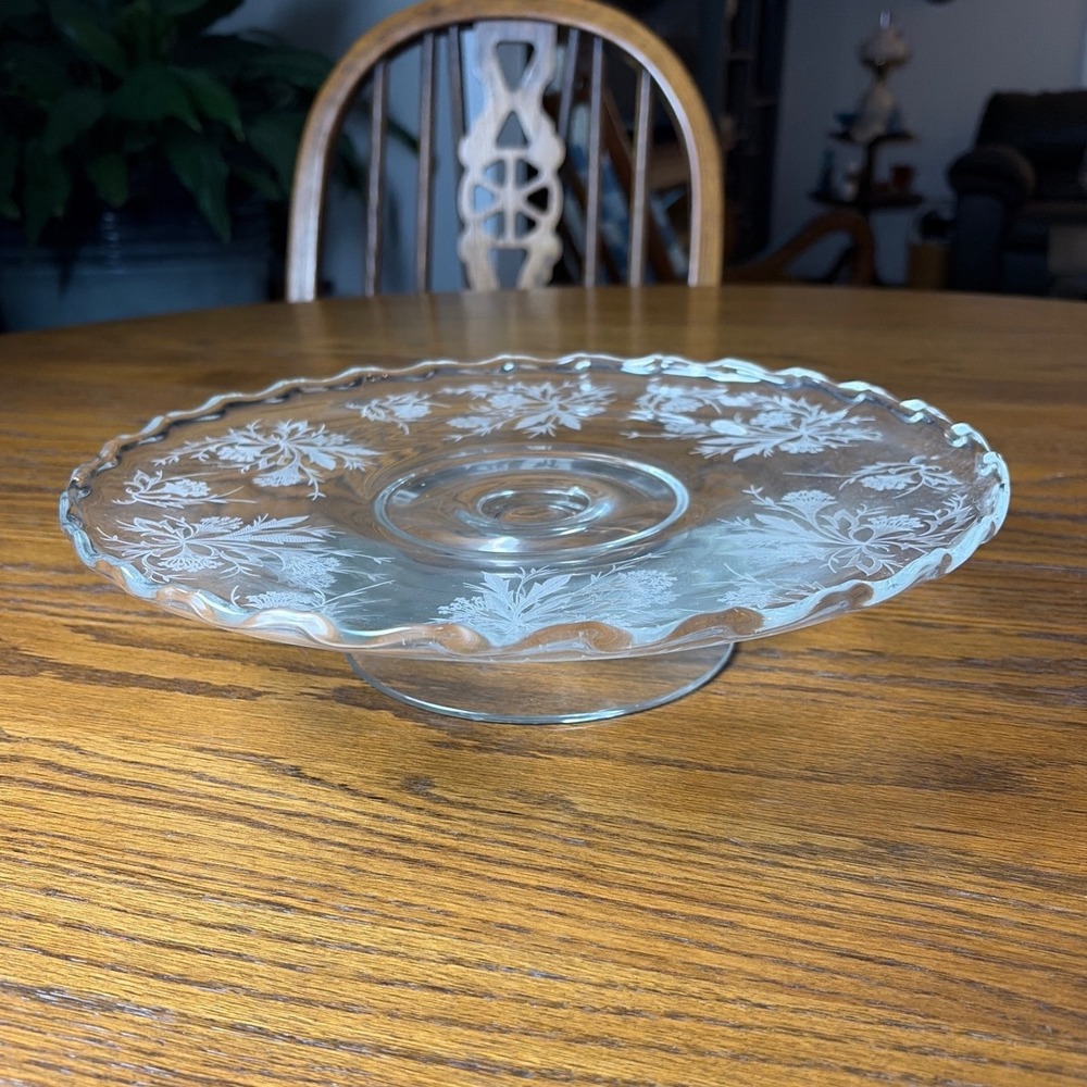 Vintage Fostoria Heather Etched Glass Cake Stand Pedestal Plate‎ Mint 12" USA